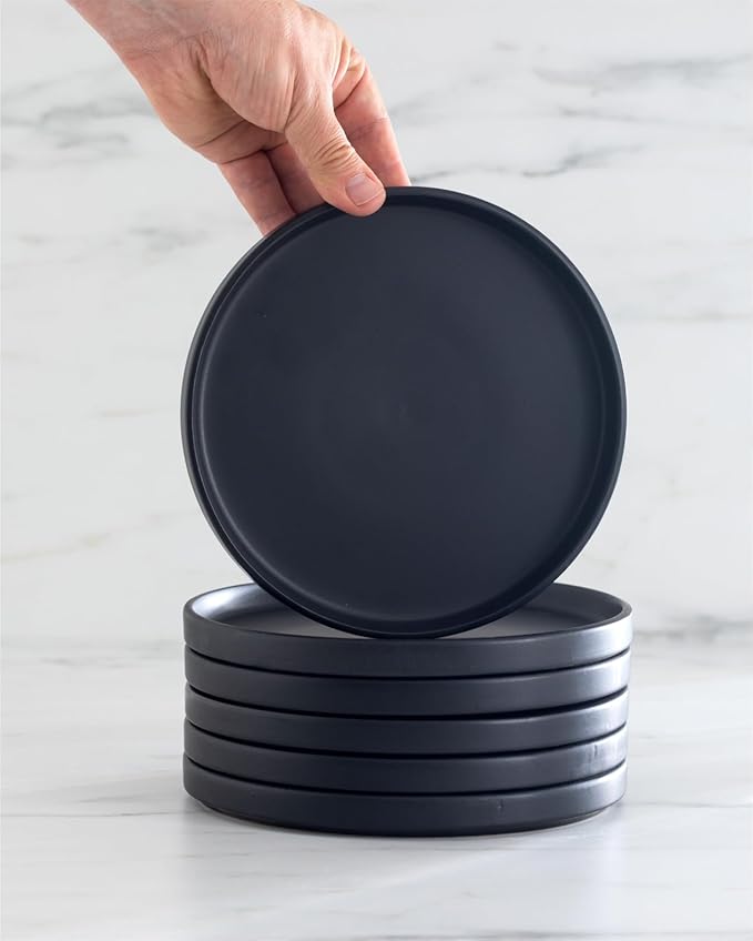 Stoneware dinnerware set 8 persons 24 pcs – Ultra chic matte black plates and bowls set – Dishwasher and microwave safe – Bowl and plate set – Dinner service Pure Living