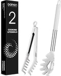 Spaghetti Spoon and Pasta Tong, Non-stick Silicone Spoon Server Fork with teeth and Stainless Steel Handle Spaghetti Tong, Food Clip for Spaghetti Noodle, White