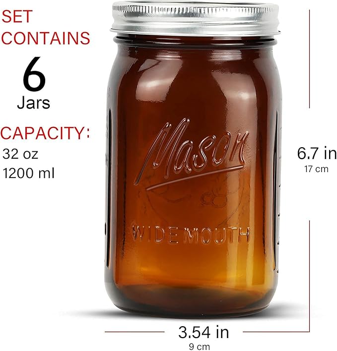 32 oz Wide Mouth Amber Glass Mason Jars (6 Pack) - BPA Free, Air Tight, Leak Resistant - Quart Mason Jars for Canning, Storing Food, Spices, and Meal Prep