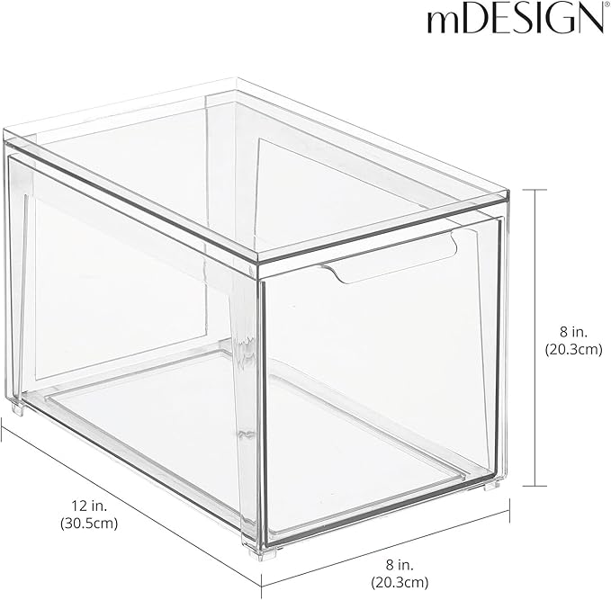 mDesign Plastic Stackable Bathroom Storage with Pull Out Bin Organizer Drawer for Cabinet, Vanity, Shelf, Cupboard, Cabinet, or Closet Organization - Lumiere Collection - 2 Pack - Clear
