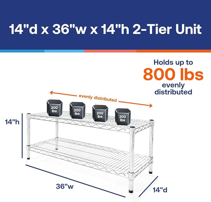 Shelving Inc. 14" d x 36" w Chrome Wire Shelving with 2 Tier Shelves, Weight Capacity 800lbs Per Shelf