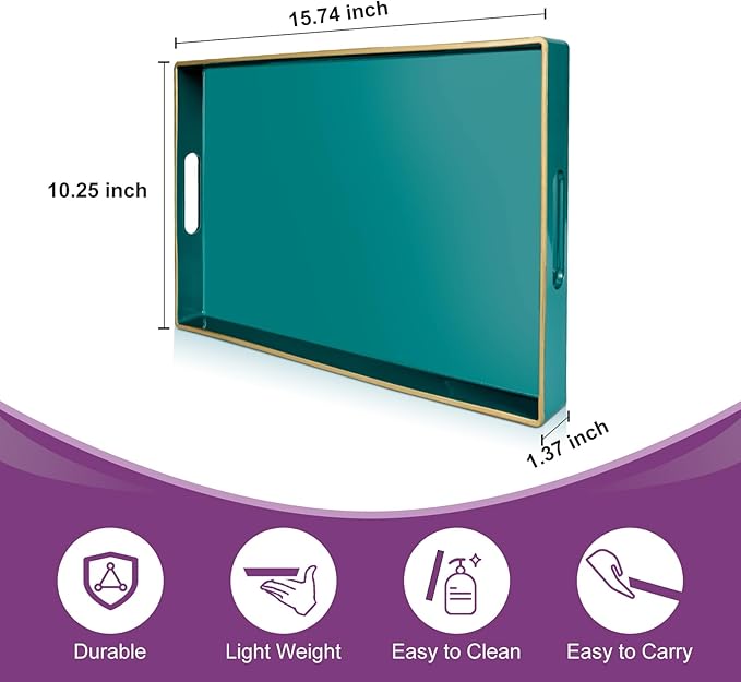 Gifturbo Teal Serving Tray,Rectangular Serving Trays with Handles, Plastic Coffee Table Tray Decorative Tray for Ottoman,Living Room, Bathroom, 15.7” x 10.2” x1.37”
