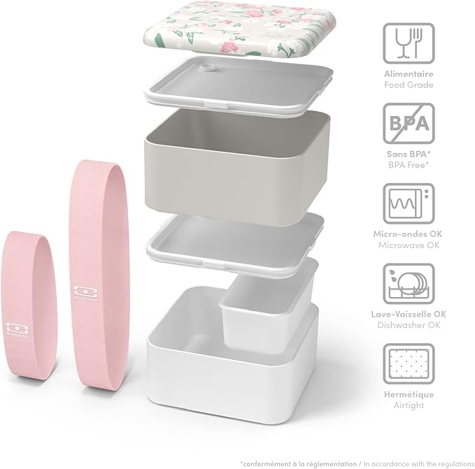 monbento - Large Bento Box MB Square Sakura with Compartments - Leakproof Lunch Box for Work and Meal Prep - BPA Free - Food Grade Safe - Japanese Flowers - Grey