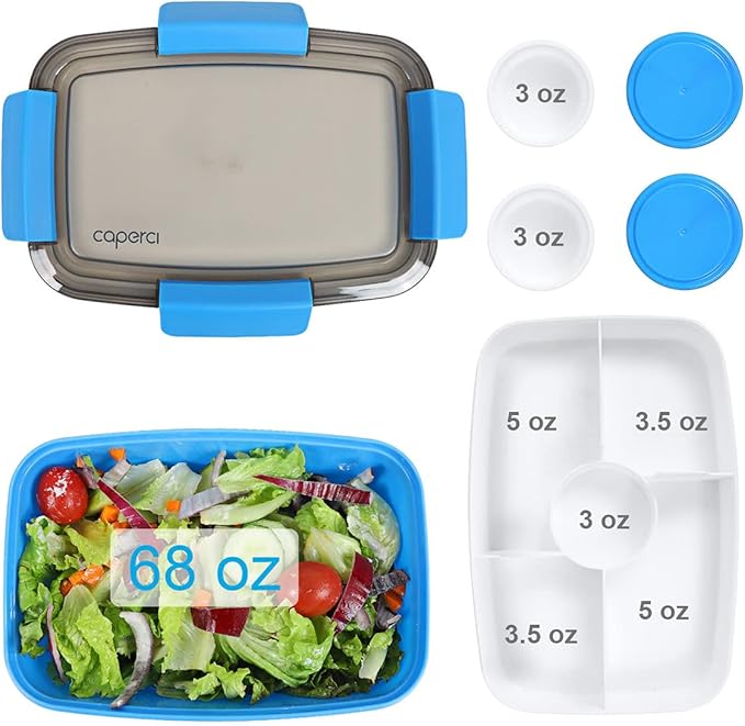 Caperci Salad Lunch Container with 68 oz Salad Bowl - Large Adult Bento Lunch Box, 5-Compartment Bento-Style Tray for Toppings, 2pcs 3-oz Sauce Cups for Dressings, Stackable, BPA-Free (Blue)