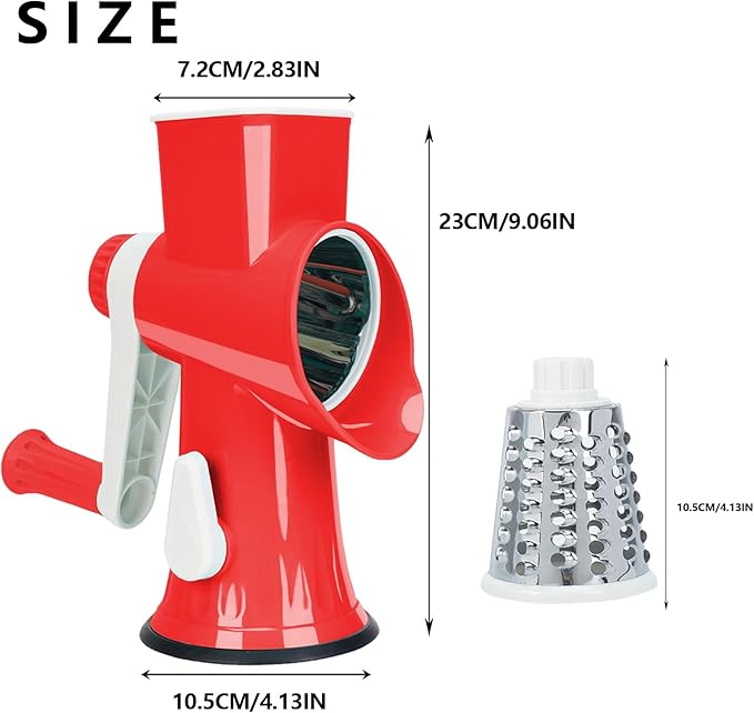 Rotary Cheese Grater with Handle-Versatile Cheese Grater Non-Slip Suction Base,Cheese Shredder & Food Slicer for Cheese,Carrots, Cucumbers,Nuts-Compact & Easy Clean Kitchen Kitchen Tool (red)