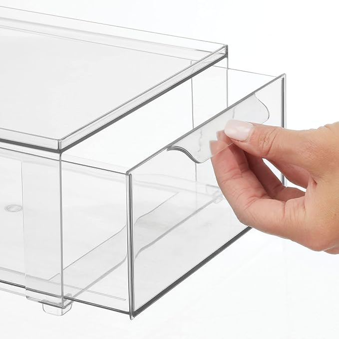 mDesign Plastic Closet Organizer Bin w/Pull Out Drawer - Shallow Stackable Storage for Closet - Organization for Shoes, Clothes, Bags, Totes, and Small Linens - Lumiere Collection - Clear