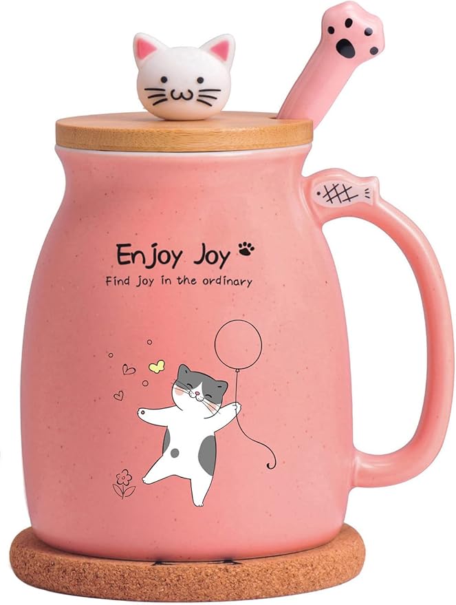 Bgbg Novelty Cat Mug Cute Ceramic Coffee Cup with Kawaii Wooden Kitty Lid, Lovely Claw Spoon, Anime Wooden Coaster, Pink Birthday Mug Gift for Cat Lovers Girl Kids Women 480ML (Pink)