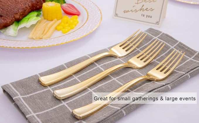 Liacere 200pcs Gold Plastic Forks - Heavyweight - 7.4 Inch Heavy Duty Forks - Gold Plastic Silverware Perfect For Parties & Weddings & Restaurants & New Year And Daily Using&Fall Decor