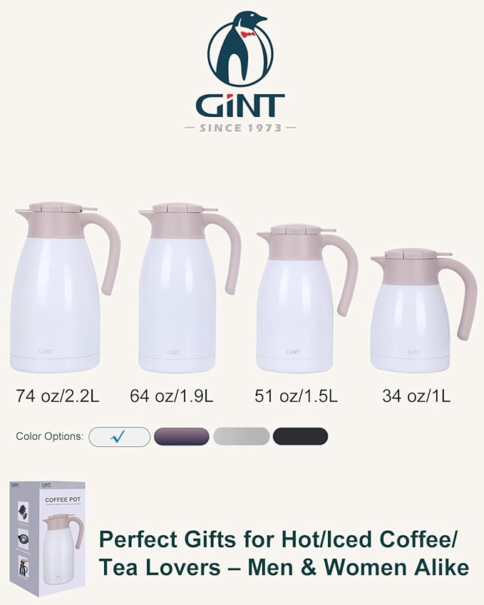 GiNT 50.7 Ounces Stainless Steel Thermal Coffee Carafe with Lid/Double Walled Vacuum Thermal Carafe / 12 Hour Heat Retention (White, 1.5L)