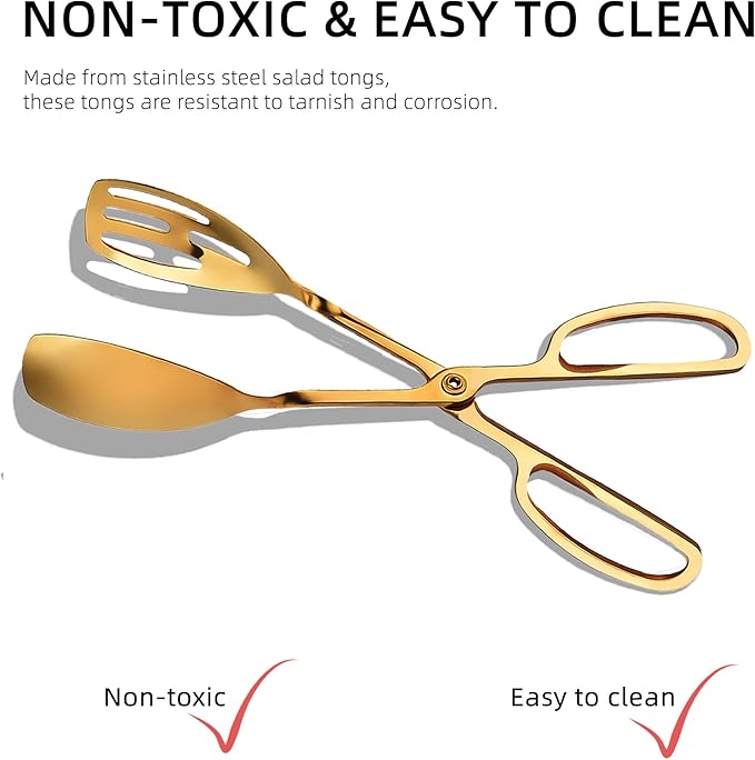 Salad Tongs for Serving 2 Pack - Premium Stainless Steel Scissor-Style, Non-Toxic, Heat-Resistant Salad Servers, Dishwasher Safe, Ideal for Buffet and Party Use (Gold)