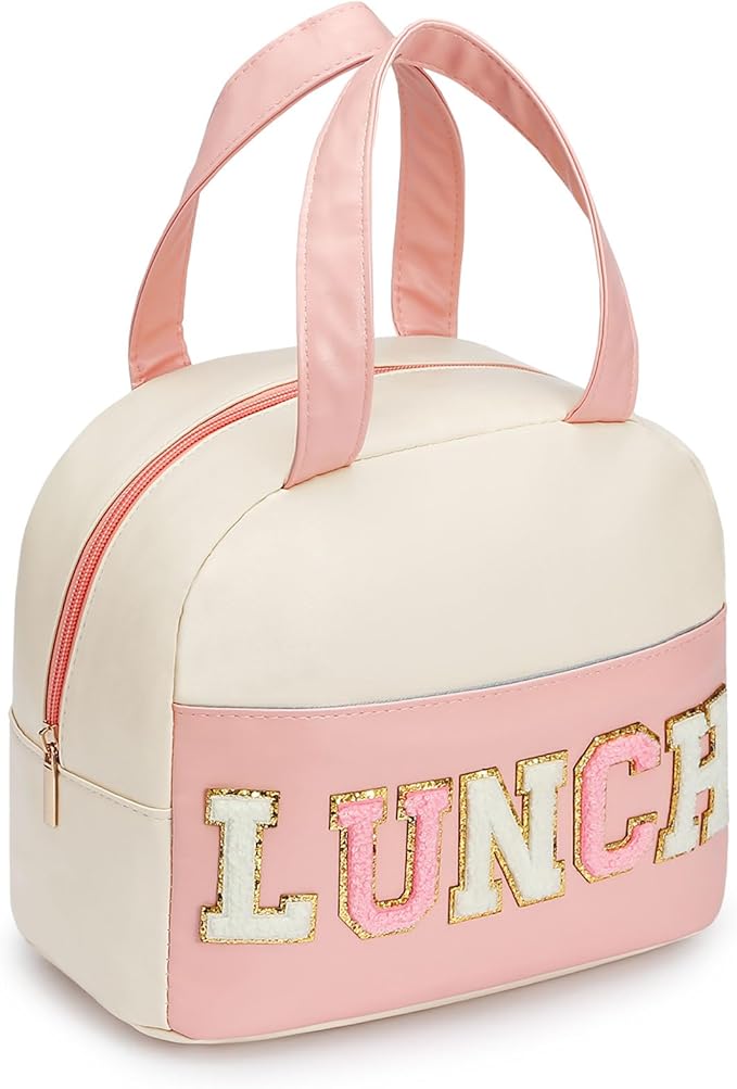 Lunch Bag for Women Insulated For Men PU leather Small Office Work lunch with Chenille Letters Leakproof Freezable Cooler Reusable Portable Box (White&Pink)