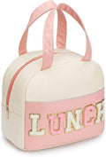 Lunch Bag for Women Insulated For Men PU leather Small Office Work lunch with Chenille Letters Leakproof Freezable Cooler Reusable Portable Box (White&Pink)
