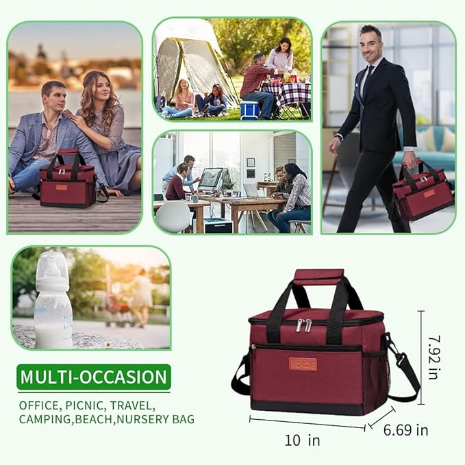 iknoe Insulated Lunch Bag, Foldable 8.5L Cooler Bag for Men & Women, Leakproof Thermal Design, Great for Office, Picnic, Travel, Lunch Box, Red