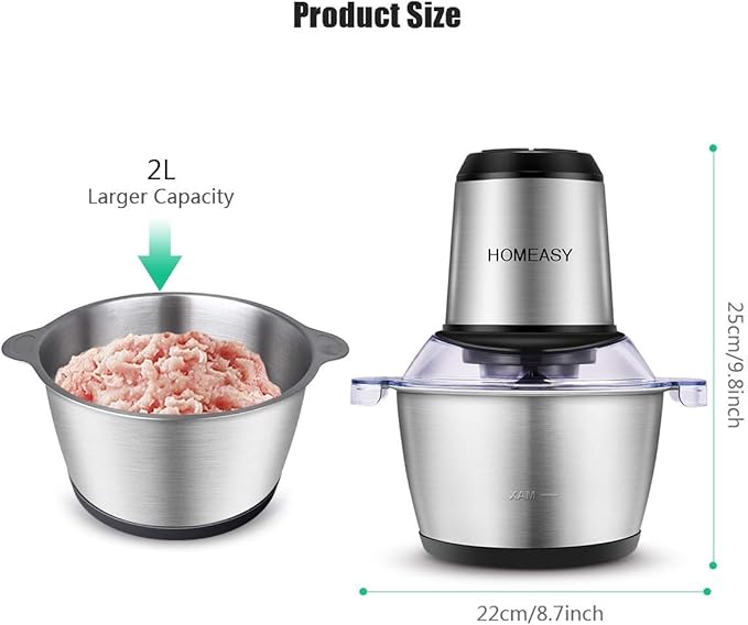 Meat Grinder Electric, Food Processor 2L Stainless Steel Meat Blender Food Chopper for Meat, Vegetables, Fruits and Nuts with 4 Sharp Blades, 350W, 8 Cups