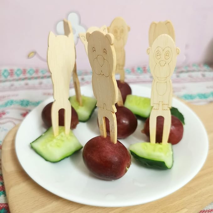 BLUE TOP 100pcs Cute Animals Food picks for Party Bamboo Mini Forks 3.5inch Food picks Bamboo Enviromental material Reuseable Mini Appetizers Picks for Food,Appetizer,Pastry Children's Day
