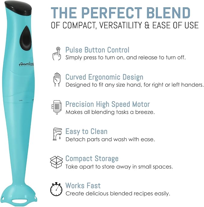 Elite Gourmet EHB-2425BL Aqua Electric Immersion Hand Blender, 150 Watts, For Soups, Sauces, Baby Food, Blue