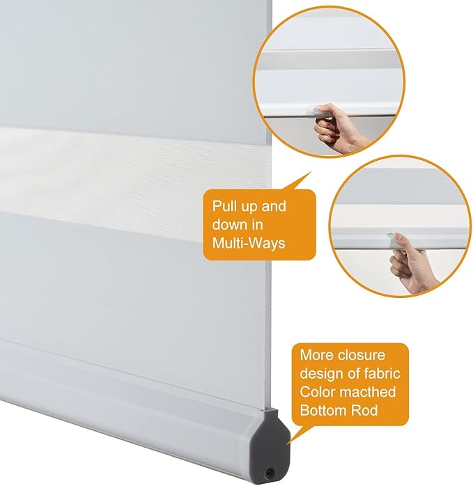Persilux Zebra Blinds for Windows, Cordless Roller Shades for Windows Room Darkening Roller Blinds (44" W x 72" H, White) Light Control for Day and Night Light Filtering Sheer Shades for Home