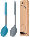 Pack of 2 Large Silicone Cooking Spoon Non Stick Solid Basting Spoons Heat-Resistant Kitchen Utensils for Mixing Serving (Gray-Blue)