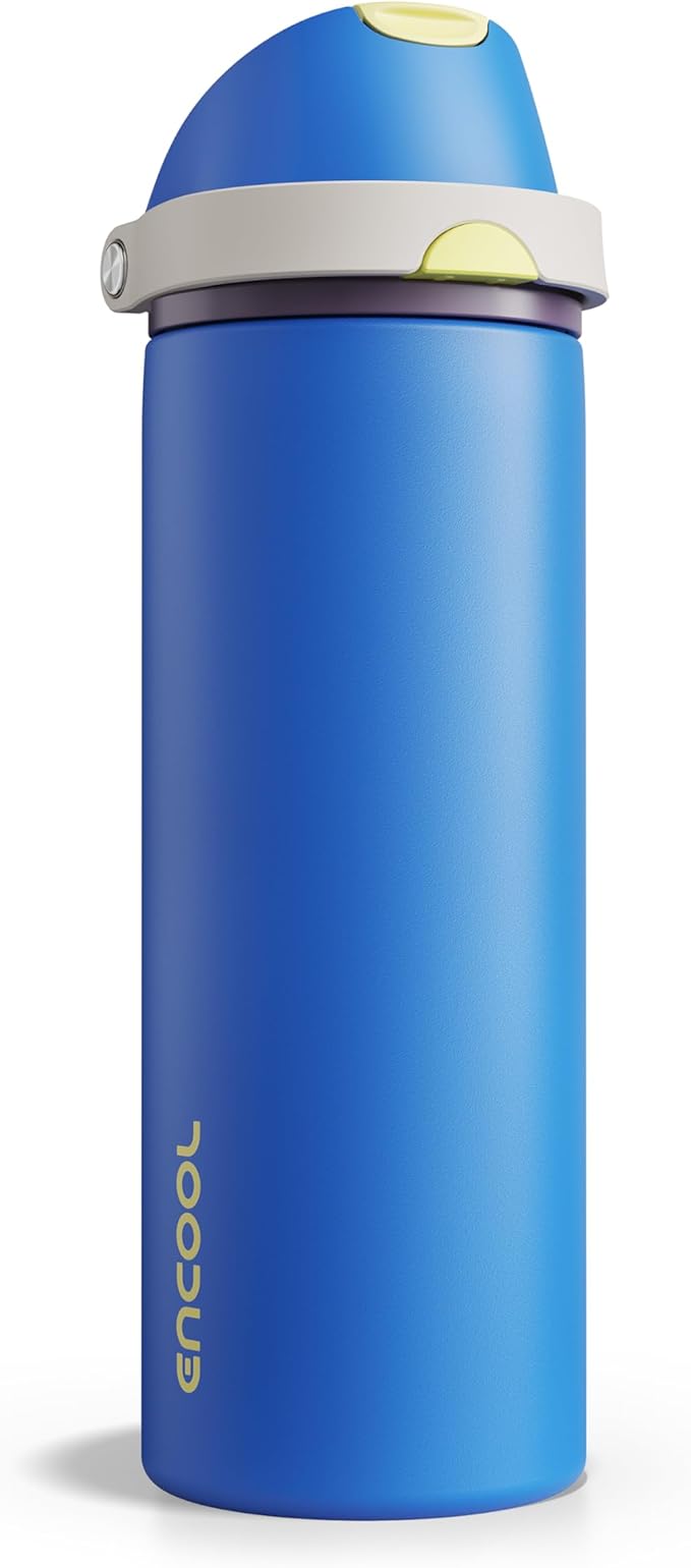 Insulated Water Bottle with Straw - Encool Stainless Steel Water Bottle with Push Button Lid, Leak-Proof & BPA-Free, Keeps Cold for 24 Hours for Sports, Travel, Gym (24 oz, Sapphire)