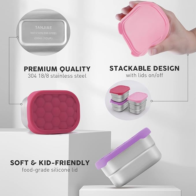 Small (1 CUP) Stainless Steel Snack Containers for Kids | Easy Open Leak Proof Food Containers with Silicone Lids - Perfect Metal Toddler Lunch Box for Daycare and School (8oz)