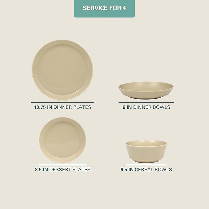 Gibson Home Summer Shades 16 Piece Plates and Bowls Dishes Service for 4 Porcelain Dinnerware Set - Taupe