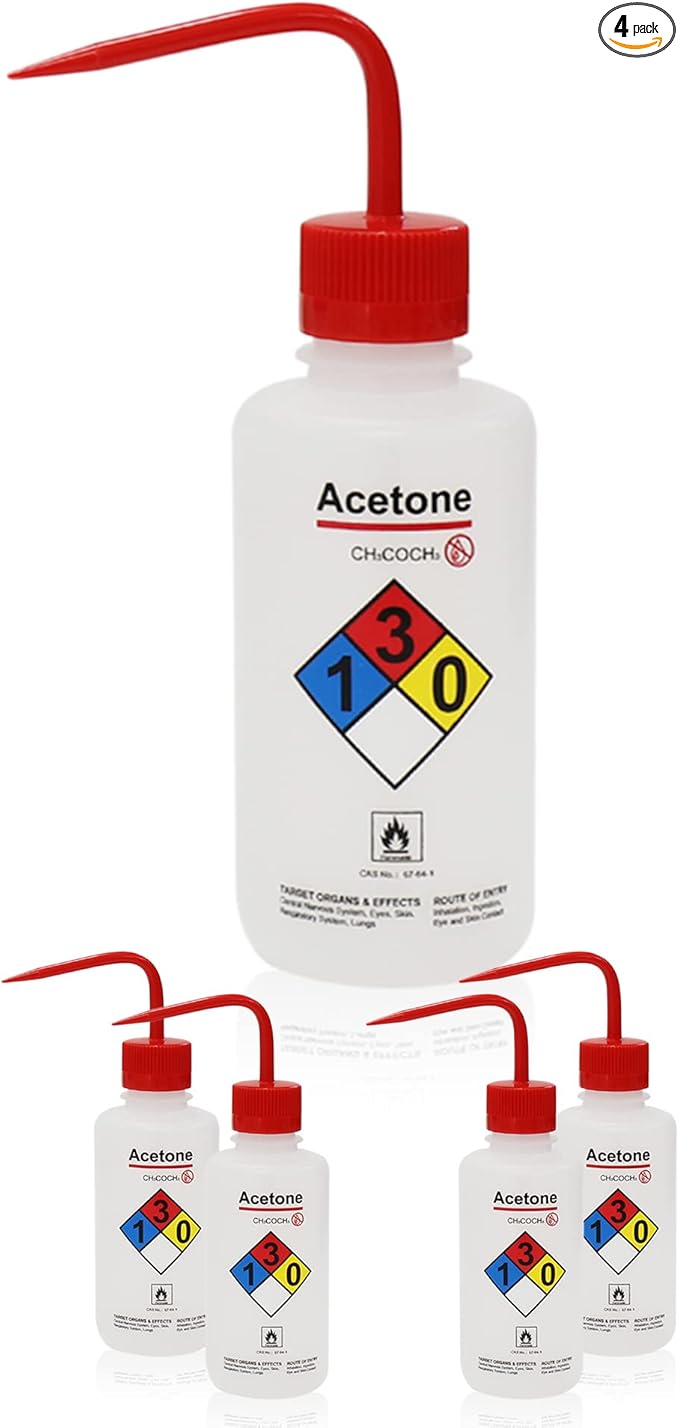 4pcs of Acetone Wash Bottles, Vol.500ml (17oz), Narrow Mouth, Self-Venting Safety Wash Bottles, LDPE Material, IN-WBA500