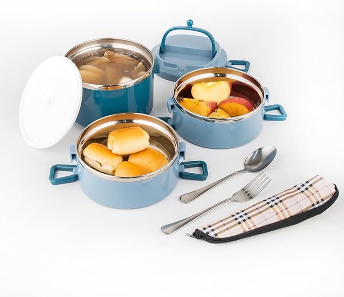 SANQIAHOME 3 Tier Stackable Stainless Steel Lunch Box Sealed(blue, 3 layers) with spoon and fork