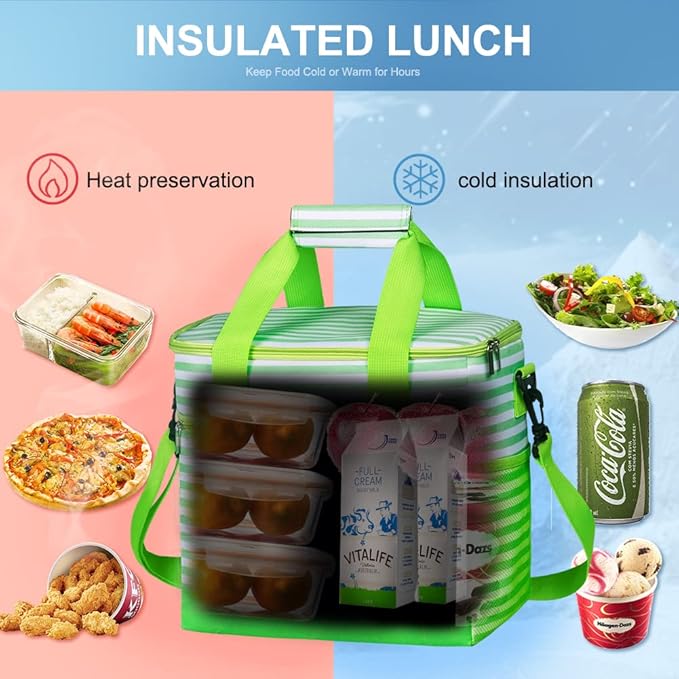 Iknoe Large Cooler Bag Collapsible 24 Can Insulated Bags Leakproof Lunch Cooler Tote with Multi-Pockets for Adult Insulated Thermal Bag for Beach, Picnic, Office Work(Green Stripe)