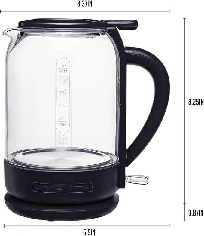 OVENTE Electric Kettle with 1.5L Borosilicate Glass, 1500W Fast Boiling Water Heater for Coffee or Tea, Easy to Fill Lid, Auto Shut-Off, Boil-Dry Protection & Stainless Steel Filter, Black KG516B