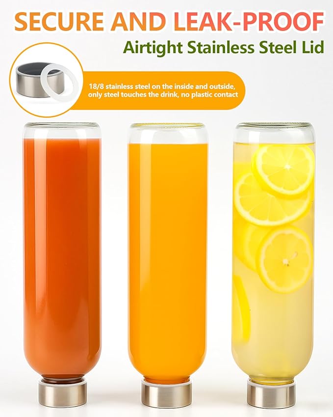 Zukro Glass Water Bottles with Lids 32 oz, 3 Pack Reusable Large Juice Bottles With Stainless Steel Airtight Cap for Juicing, Leak Proof Clear Drinking Jar Beverage storage container, BPA Free