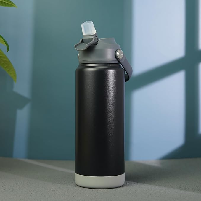 BJPKPK Insulated Water Bottle with Straw Lid, 18oz Thermo Water Bottles with Soft Nozzle, Flex Handle & Non-slip Boot, BPA Free Leak Proof Stainless Steel Metal Thermo, Tumblers, Cups,Black