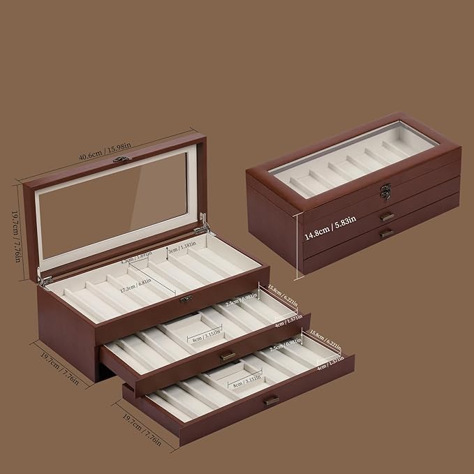 AUTOARK 3-Tier PU Leather & Velvet Knife Organizer with 26 Slots,Transparent Glass Top & Drawer,Compact Storage for Pocket Knives,Ideal for Men's Collections & Gifts,Brown,MKAW018