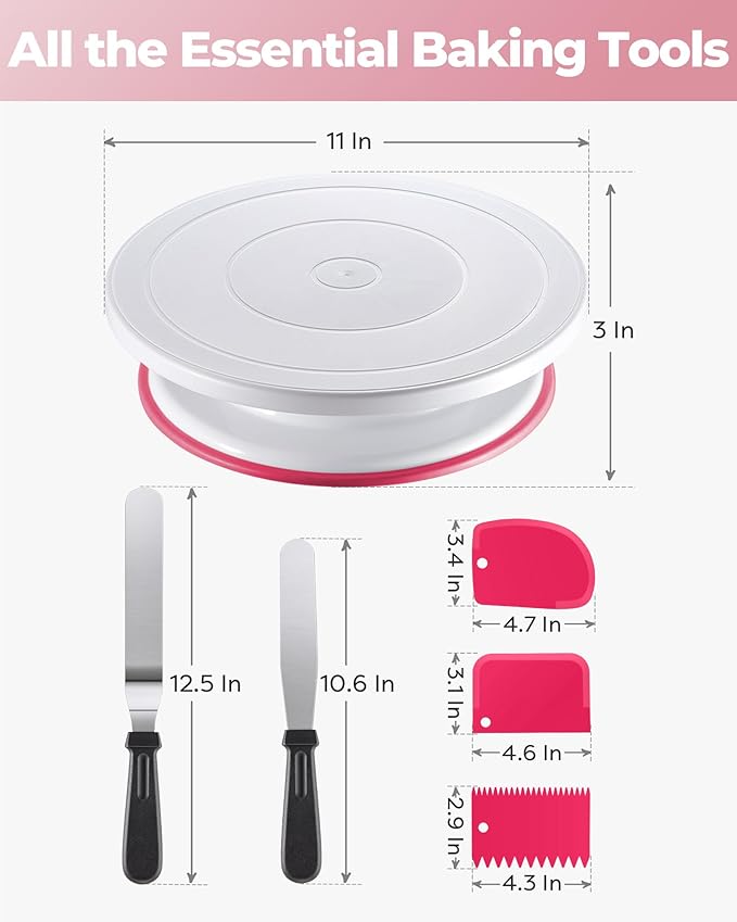 Kootek Cake Decorating Kit Baking Supplies Set Cake Turntable with 2 Frosting Straight Angled Spatula 3 Icing Smoother Scrapers Baking Accessories Tools for Beginners and Pros, Pink