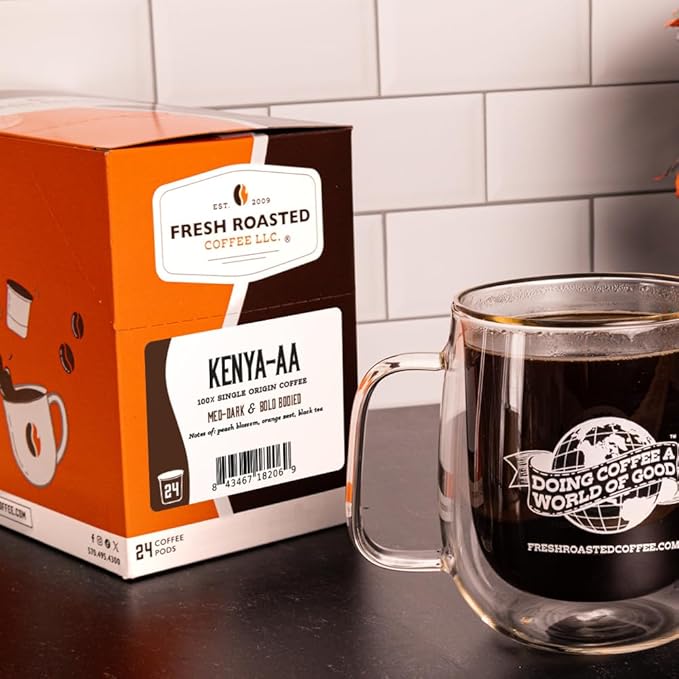 Fresh Roasted Coffee, Kenya AA, Med-Dark Roast, 72 Pods for K Cup Brewers