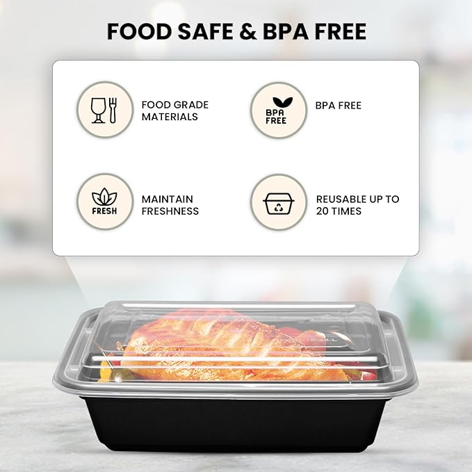 Klex 38 Oz, 50 Sets Meal Prep Containers with Airtight Lids, BPA Free, Reusable Plastic Food Container, 38 oz, Rectangular, Black/Clear, 50 Sets