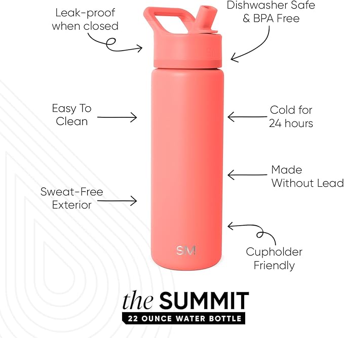 Simple Modern Water Bottle with Straw Lid | Vacuum Insulated Stainless Steel Metal | Reusable Leak Proof BPA-Free Cup for School | Summit Collection | 22oz, Honolulu