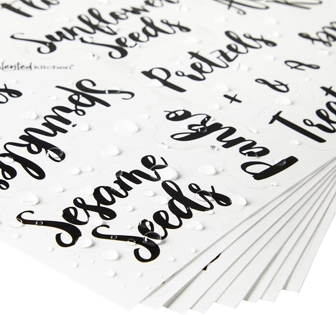 Talented Kitchen Labels for Food Containers - 135 Count, Preprinted Black Cursive on Clear Backing, Water-Resistant - Pantry & Kitchen Storage Labels for Jars & Bins - Easy Peel & Stick