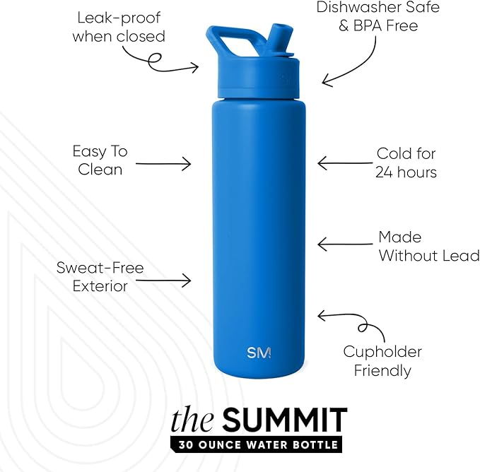 Simple Modern Water Bottle with Straw Lid | Vacuum Insulated Stainless Steel Metal Thermos | Reusable Leak Proof BPA-Free Flask for Sports Gym | Summit Collection | 30oz, Supersonic Blue