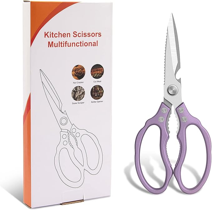 CGBE Kitchen Scissors All Purpose Heavy Duty, Ultra Sharp Stainless Steel Kitchen Shears Dishwasher Safe, Cooking Shears for Chicken, Poultry, Fish, Meat, Herbs & Grapes with Non-Slip Grips - Purple