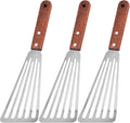 Stainless Steel Fish Spatula with Wooden Handle, Metal Spatula Flipping Foods, Slotted Fish Flipper, Brown 3 Pack