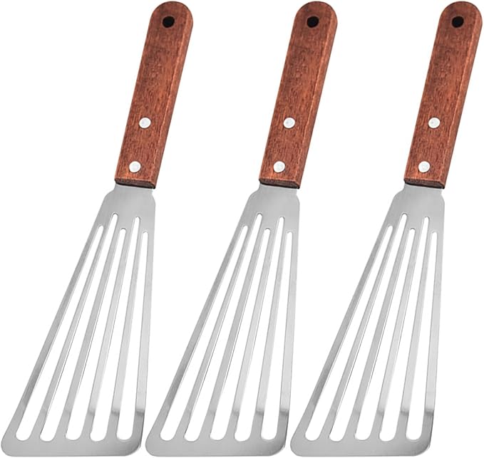 Stainless Steel Fish Spatula with Wooden Handle, Metal Spatula Flipping Foods, Slotted Fish Flipper, Brown 3 Pack