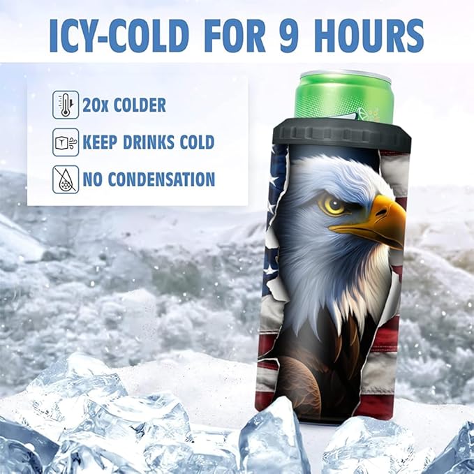 SANDJEST Eagle Tumbler American Flag 4 in 1 12oz Can Cooler Coozie Skinny Stainless Steel Tumbler Gift for Men Dad Father Travel Veteran Day 4th of July