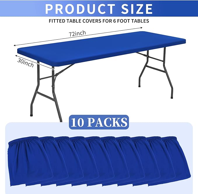 10 Pack Stretch Fabric Table Top Cap Cover, fits 6' Tables, Spandex Table Covers Washable Elastic Rectangle Tablecloth Protector for Indoor Outdoor Party Picnic Wedding, Royal Blue, 30" W x 72" L