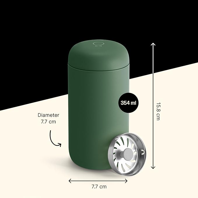 Fellow 12 oz Carter Move Travel Mug - Vacuum-Insulated Stainless Steel Travel Coffee Mug - Coffee Tumbler with Ceramic Interior and Splash Guard - Cargo Green