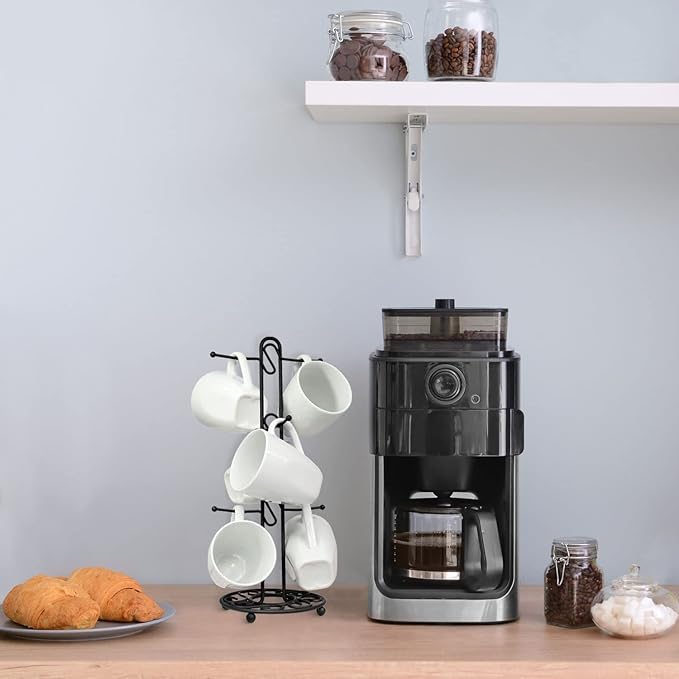 Blue Donuts Farmhouse Coffee Mug Rack, Coffee Mug Tree for 6 Mugs, Coffee Cup Holders for Counter, Black Coffee Cup Holder Countertop Organizer for Kitchen, Vintage Mug Rack