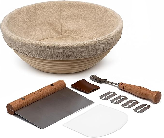 Kook Proofing Set, Sourdough Bread, 1 Rattan 9 Inch Banneton Basket, 1 Basket Cover, Metal Scraper, Plastic Scraper, Scoring Lame, 5 Blades and Case, Baking Kit, Dough Bowls, Round Shape