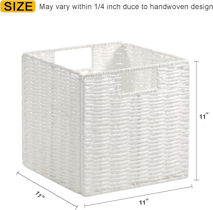 Vagusicc Wicker Storage Basket, Set of 2 Hand-Woven Storage Baskets for Organizing, Foldable Cube Storage Bins, 11 Inch Wicker Storage Baskets for Shelves and Decor, Square Closet Organizer, White