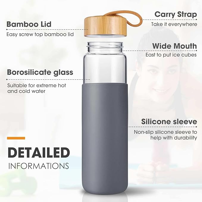 20 Oz Borosilicate Glass Water Bottles with Silicone Sleeve BPA Free, Dishwasher Safe - Reusable Clear Glass Drinking with Leak Proof Bamboo Lid | Perfect Gym Water Bottles for Men & Women