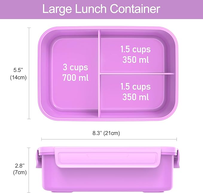 Caperci Classic Bento Box Adult Lunch Box for Older Kids - Leakpoof 47 oz 3-Compartment Lunch Containers for Adults and Teens, Built-in Utensil Set, Ideal for On-the-Go Balanced Eating, Vivid Orchid