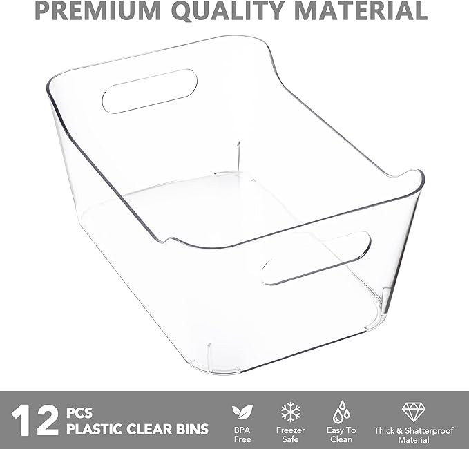 Tiawudi 12 Pack Plastic Storage Bins, Multi-Use Organizer Bins, Pantry Organizer, Clear Storage Containers for Home, Kitchen, Office, Cabinet, Shelf and Fridge Organization